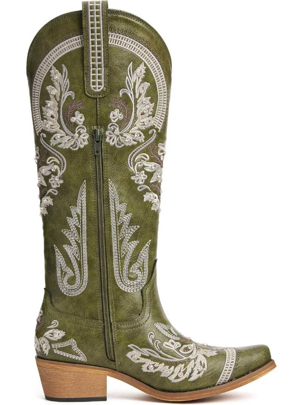 Women's Green Knee High Faux Leather Pointed Toe Western Chunky Tall Heel Boots